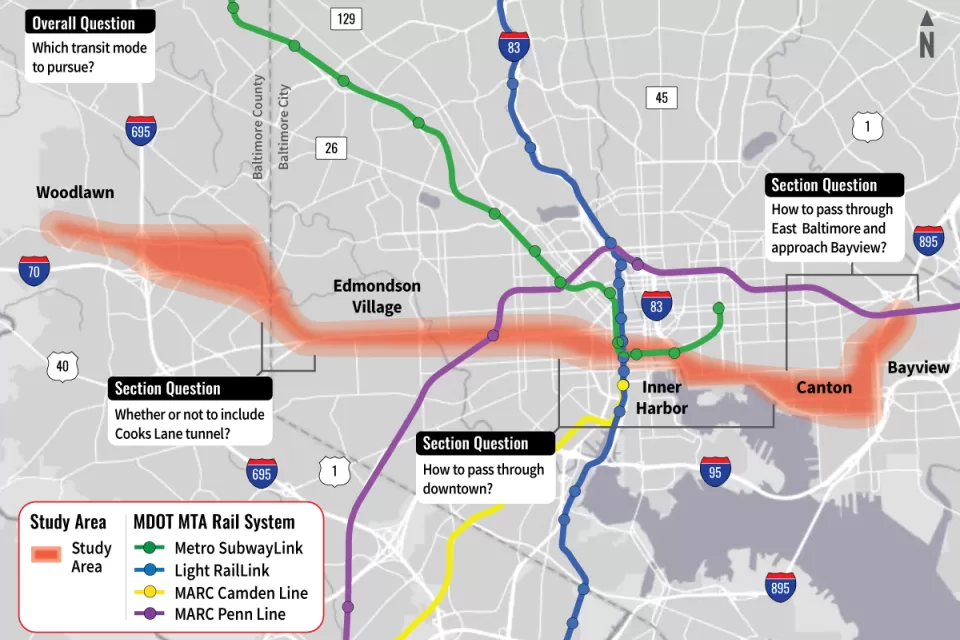 Map of proposed Baltimore Red Line transit line alignment with white boxes showing open questions